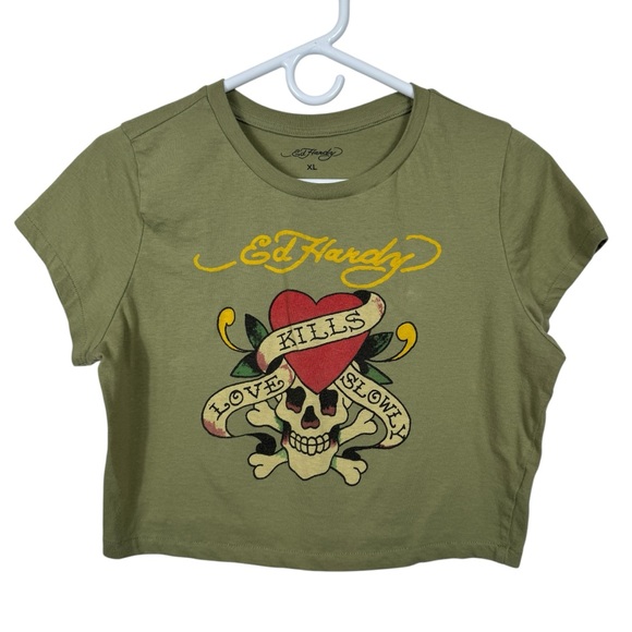 Ed Hardy Love Kills Slowly Crop Top, Olive Green, Size XL - Picture 2 of 6